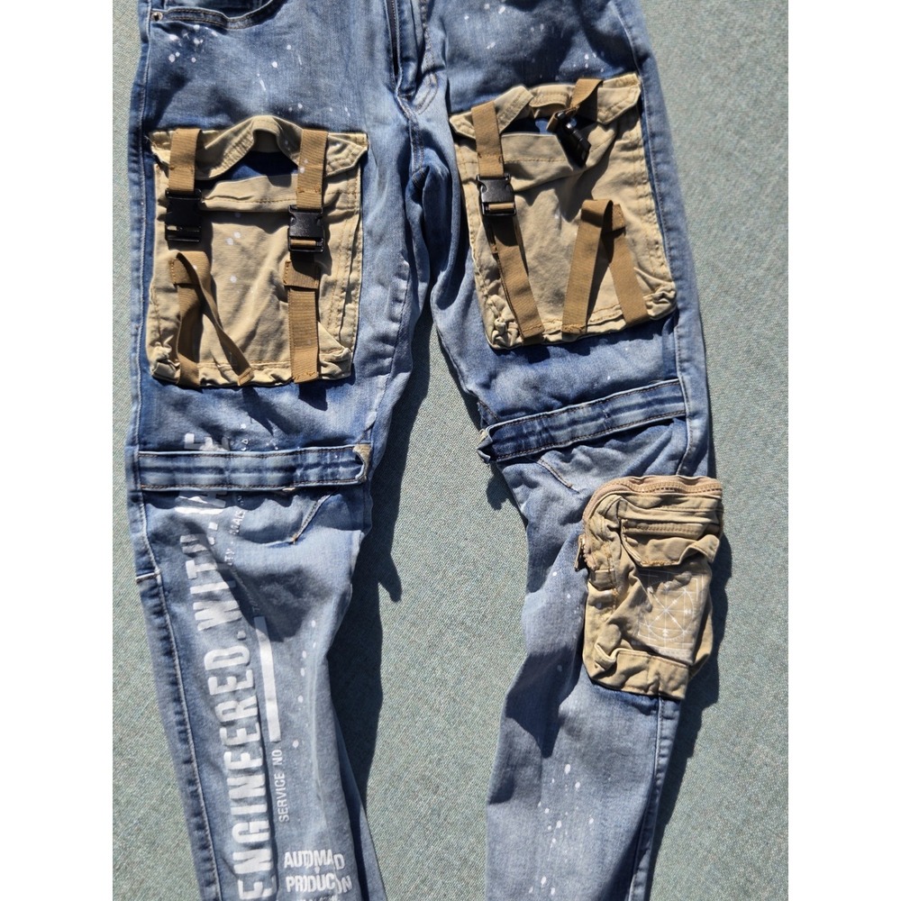 Decibel Jeans Mens 32 32 Distressed Denim Slim Cargo Streetwear Cyber Punk Rave - Picture 3 of 8